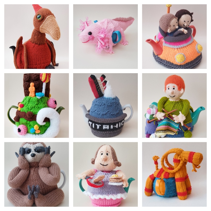 Collage of TeaCosyFolk character tea cosies showing a variety of creative knitting patterns and colourful designs