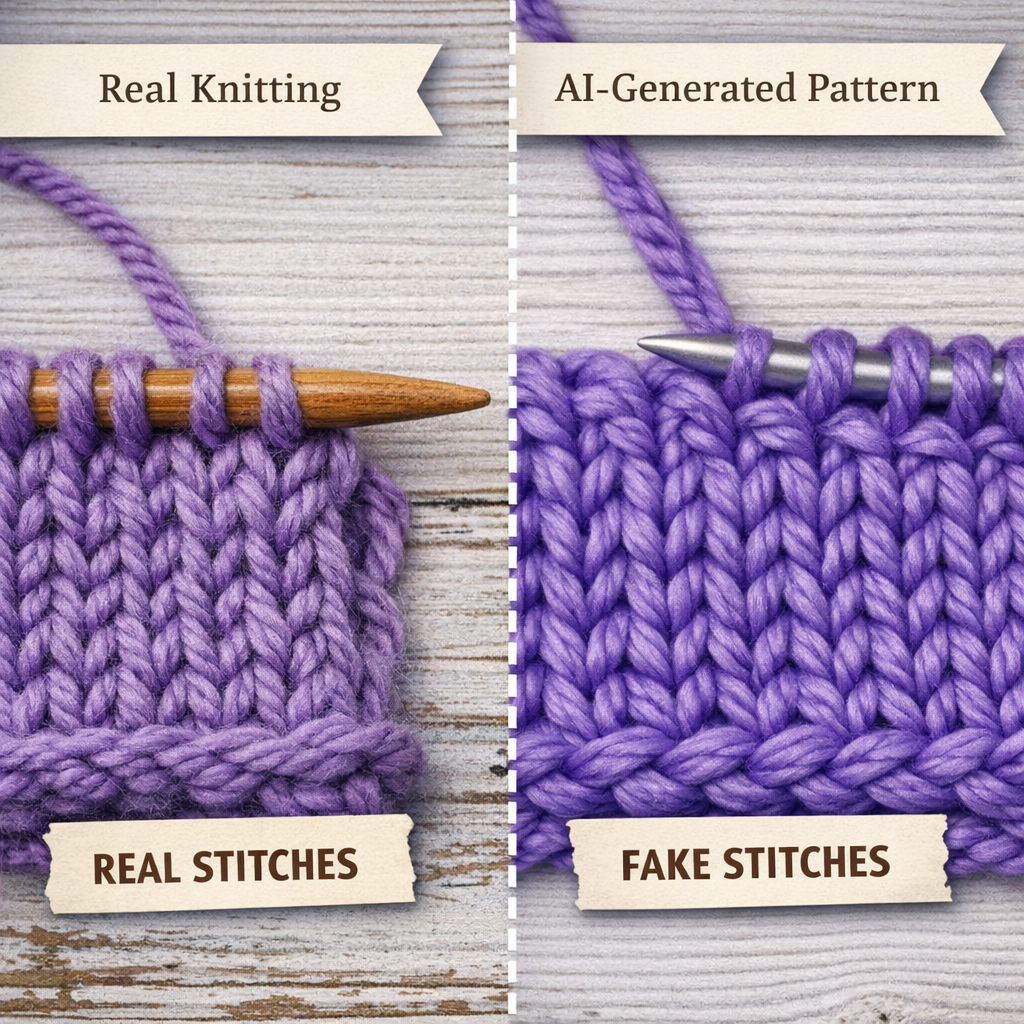 Real knitted stitches beside AI‑generated fake stitches showing texture differences, with wooden needle in genuine yarn and metallic needle in artificial sample, illustrating how to spot real knitting versus AI‑generated patterns.