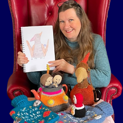 Suzy Cowper with knitted items for the TeaCosyFolk Knitting Vlog for February 2026