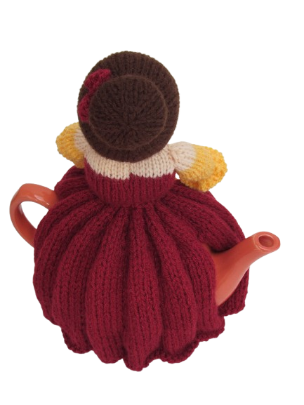 The knitting stitch forms the Crinoline Lady tea cosy’s dress.