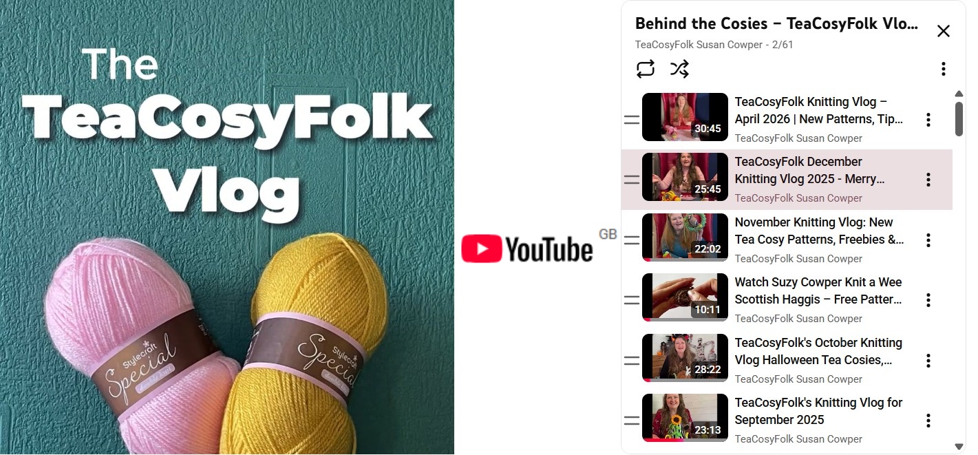 Screenshot of the TeaCosyFolk YouTube channel showing playlists of knitting pattern videos, cosy designs and creative process clips, illustrating the designer’s visible online presence and genuine pattern work.