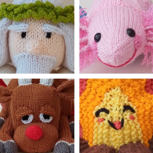 How to Knit Expressive Faces - tea cosy faces of 4 characters