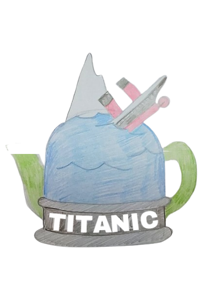 Knitted Titanic tea cosy pattern sketch showing ship sinking with stern raised