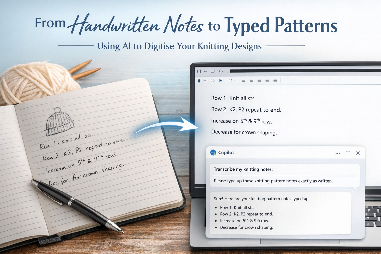 Notebook with handwritten knitting pattern notes and a laptop screen showing the same notes typed up by AI, illustrating how designers can use Copilot to transcribe their sketches into digital text.