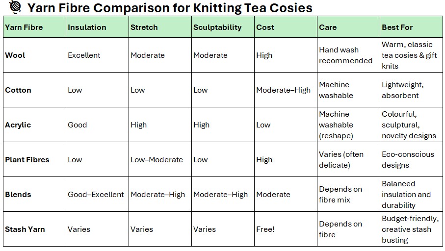 Yarn fibre comparison chart showing insulation, stretch, sculptability, cost, care, and best uses for knitting tea cosies
